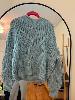 Lush Cable Knit Turtleneck Sweater - Light Blue